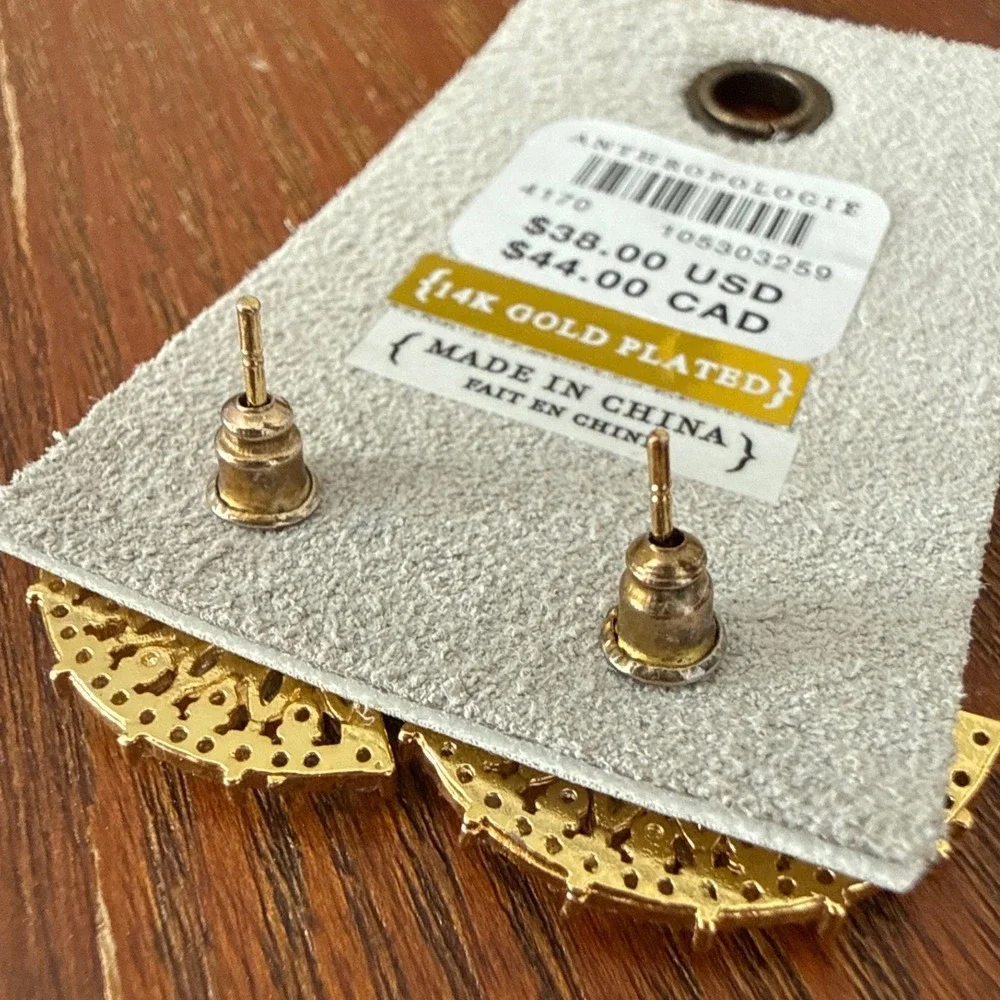 Anthropologie‎ 14K Gold Plated Crystal Fan Bridal Formal Statement Earrings NWT